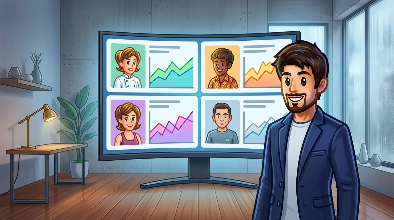 A user reviewing multiple trader profiles for diversification on a large monitor
