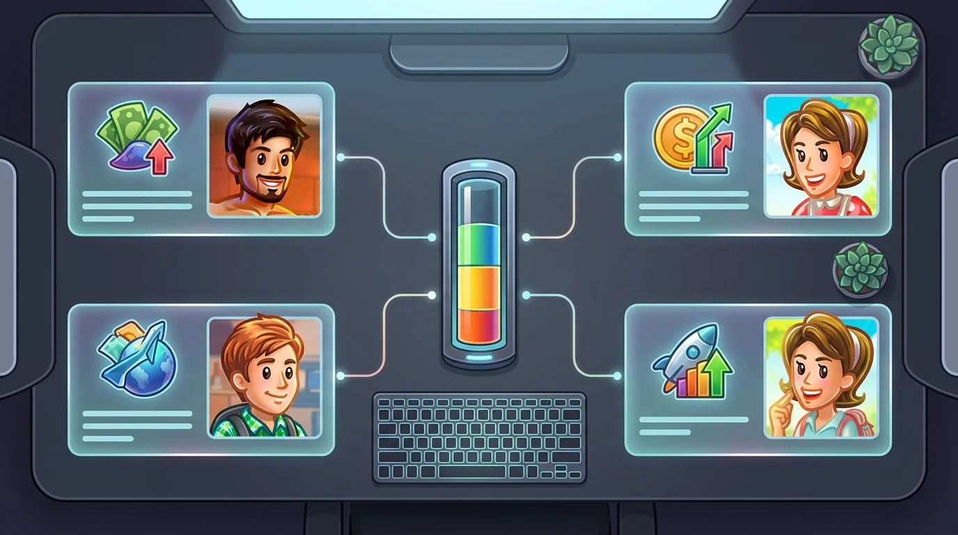 An overhead view of a trading desk featuring four holographic trader cards linked by allocation lines to a central bankroll display.