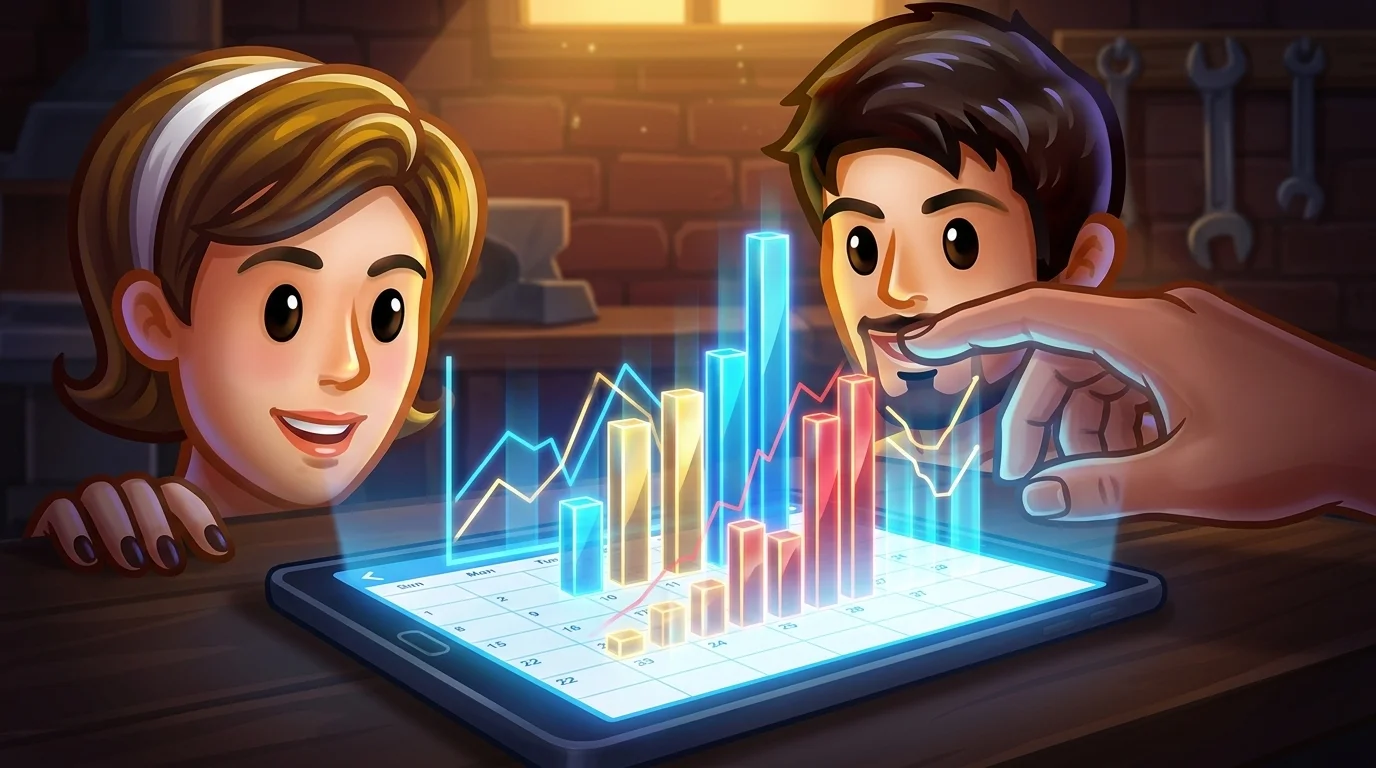 A tablet screen showing a calendar from which luminous three-dimensional bar charts and line graphs are emerging.