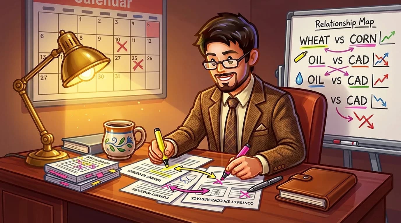 An experienced trader analyzing complex relationships between related market contracts