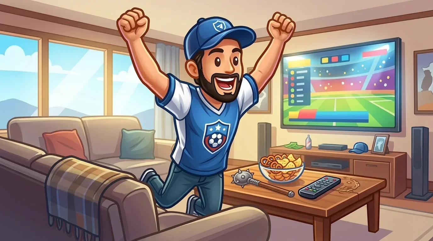 Excited sports fan jumping up from the couch celebrating a winning bet
