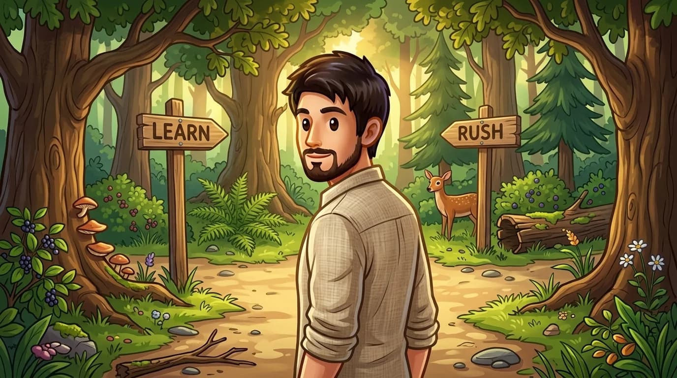 Calm person at a crossroads choosing between learning and rushing