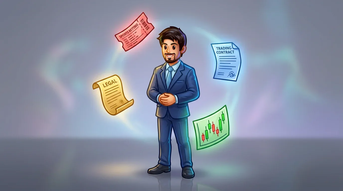 Professional surrounded by floating symbols representing betting tickets, contracts, charts, and legal documents.