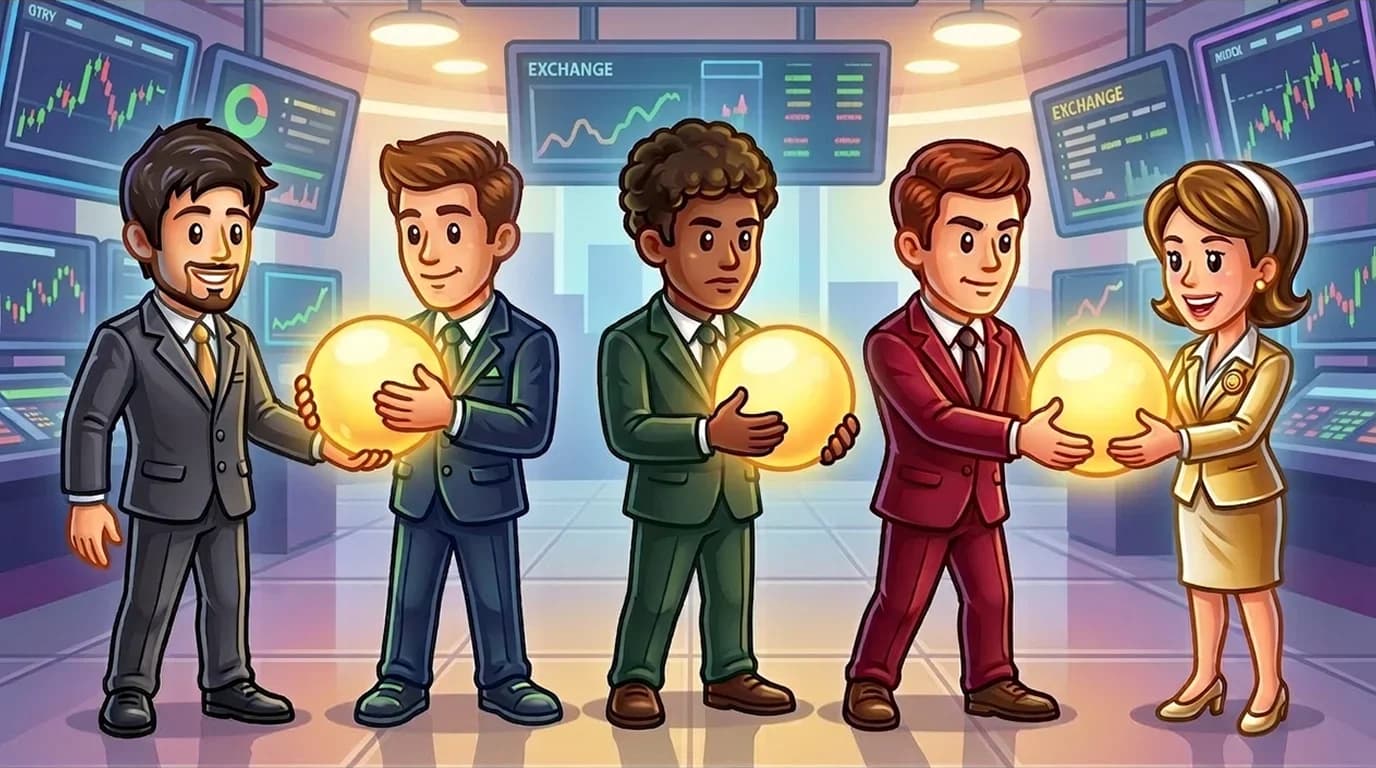 Five traders standing in a line passing a glowing orb between them, each wearing different colored outfits representing market selection condition setting position choosing price movement and final settlement