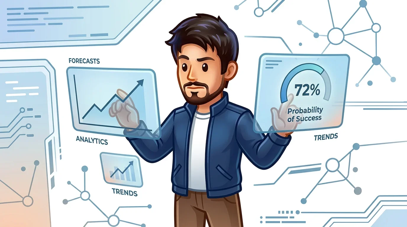 {"en":"Trader interacting with a floating Prediction Market interface"}