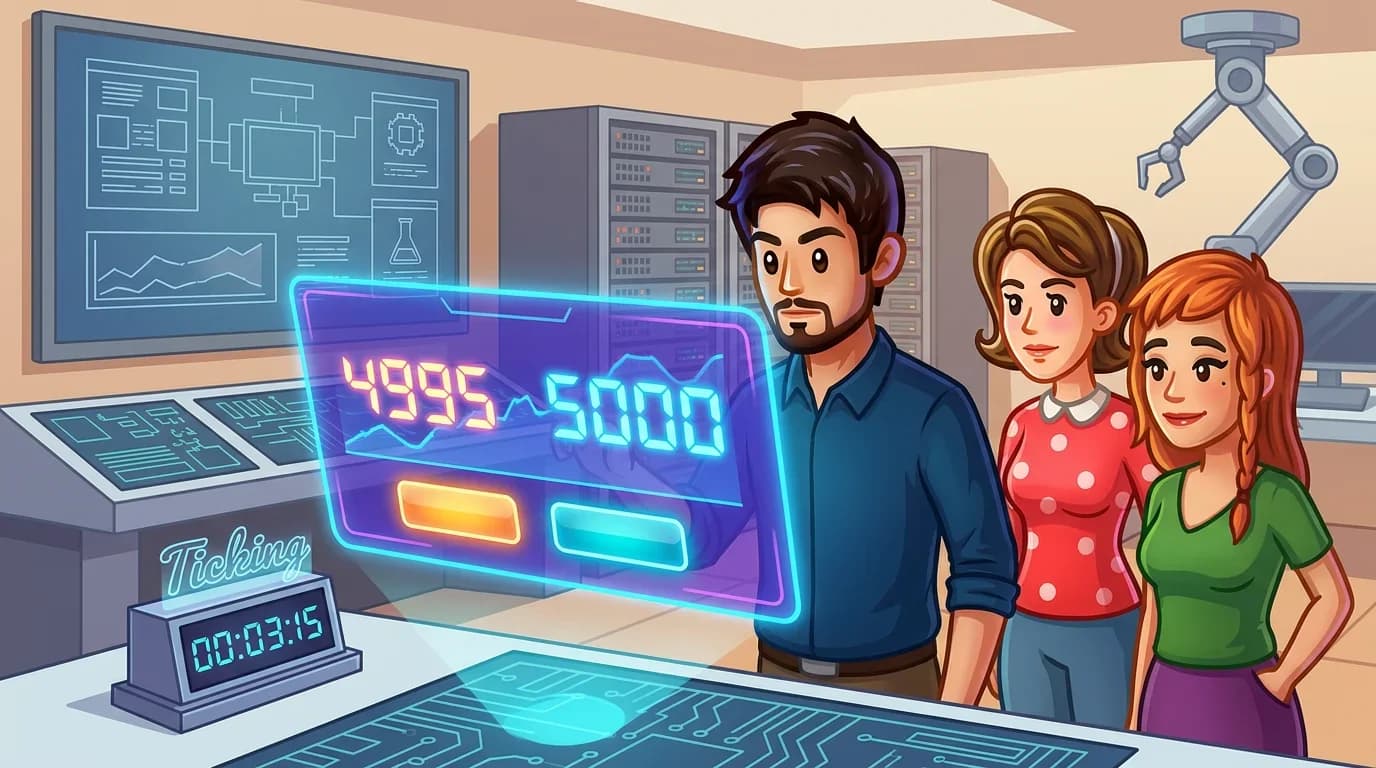 A person staring at a floating holographic display showing S&P 500 numbers 4995 and 5000 with two glowing buttons one warm colored one cool colored and a ticking countdown clock nearby