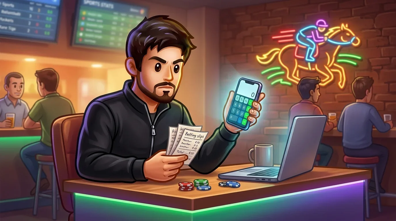 Bettor using a calculator app on smartphone to check betting payouts