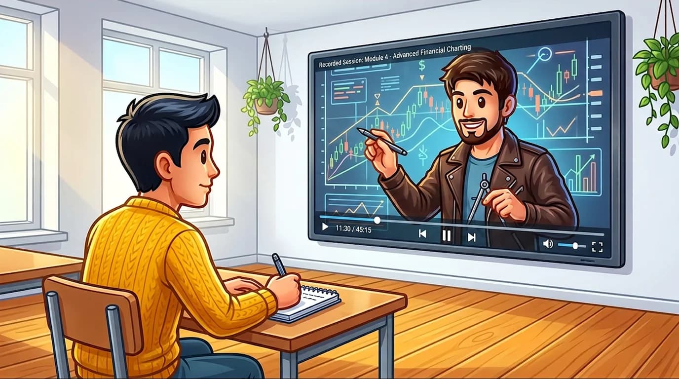 Beginner observing an experienced trader on a large screen and taking notes