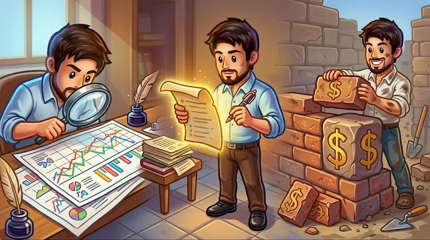 A single trader shown three times in sequence first studying charts with a magnifying glass second reading a glowing contract document with a checklist third building a protective wall with a dollar sign carved in it