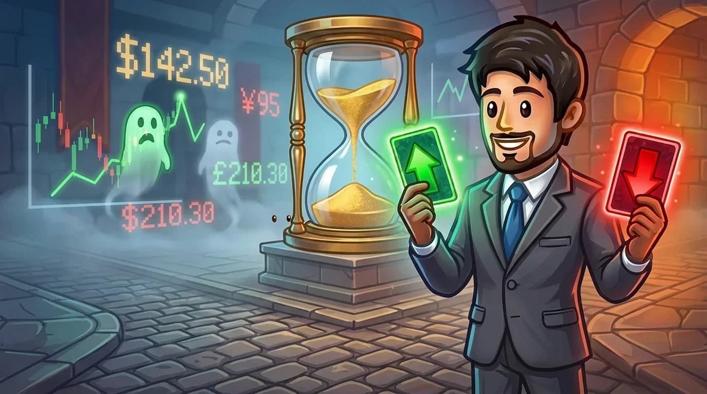 Man holding up/down cards beside an hourglass, with charts and ghostly figures symbolizing uncertain Prediction Markets