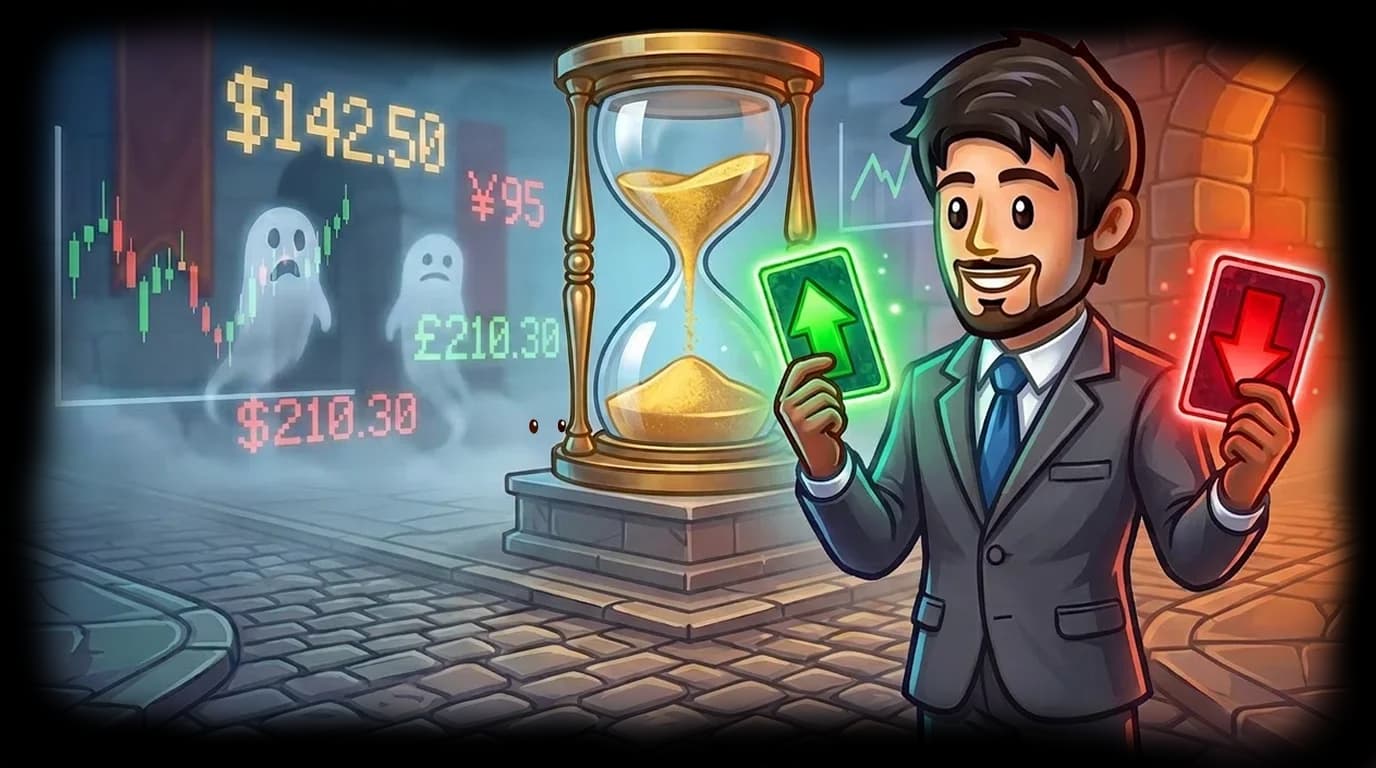 Mman holding up/down cards beside an hourglass, with charts and ghostly figures symbolizing uncertain Prediction Markets