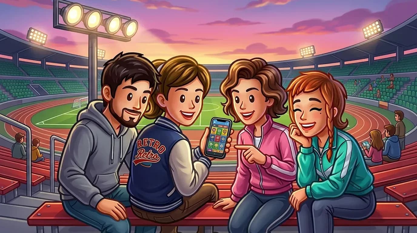 Group of friends on stadium bleachers looking at a betting app on a smartphone