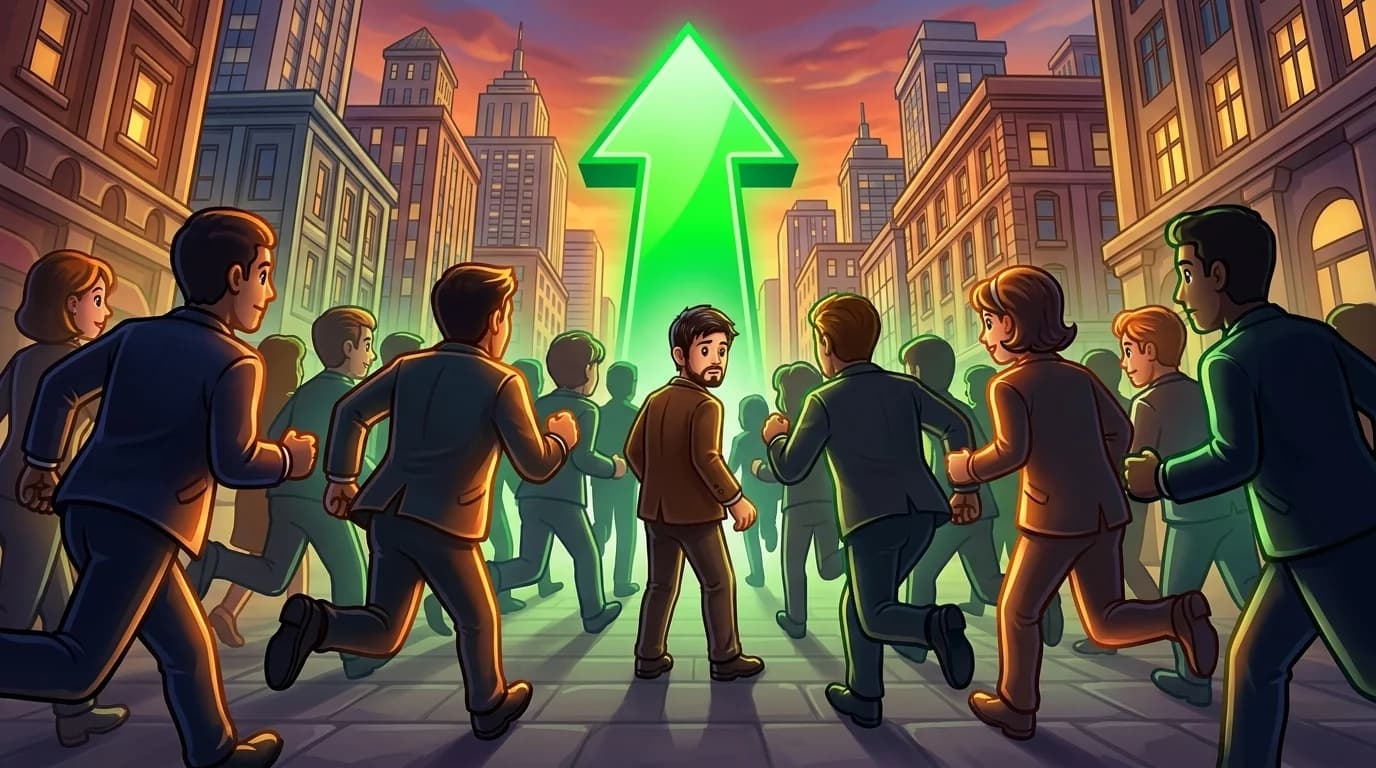 A crowd of traders rushing together toward a green arrow while one hesitant figure lingers behind