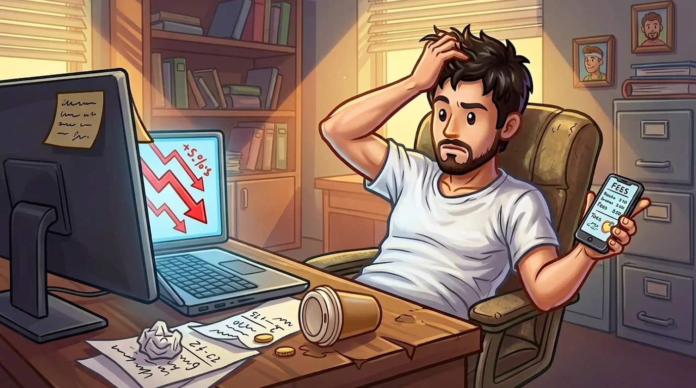 A trader realizing their theoretical arbitrage profit has disappeared due to hidden costs and fees
