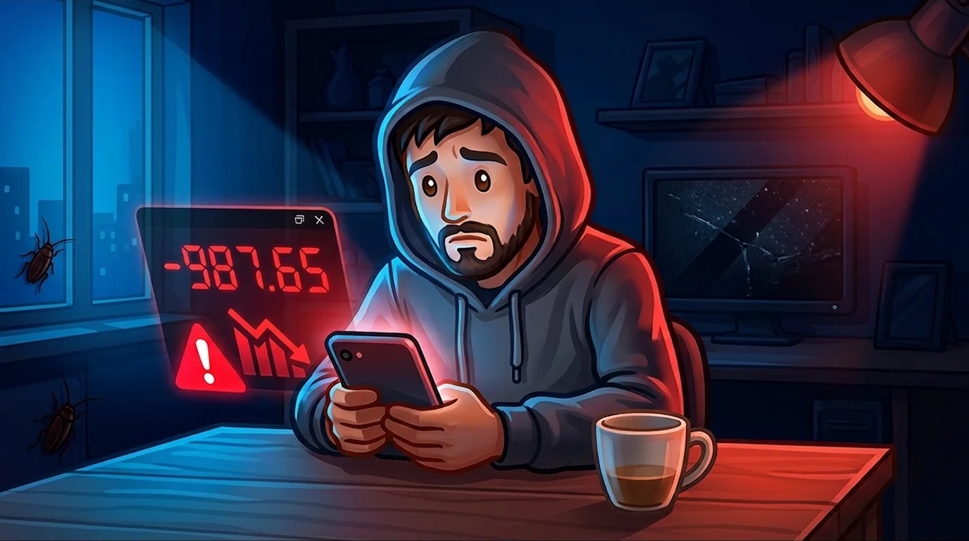 Person worried about losing trades on a phone in a dark room