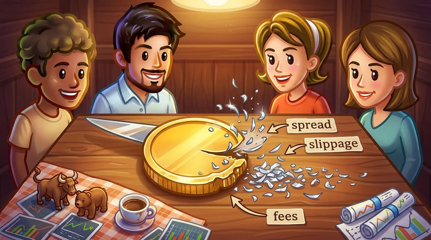 A gold coin resting on a desk is visibly shaved by hidden blades, with metallic shavings flying away to represent the eroding costs of spread, fees, and slippage.