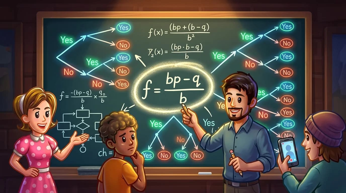 An illuminated blackboard covered in probability equations, centered on the Kelly criterion formula with branching paths for binary market outcomes.