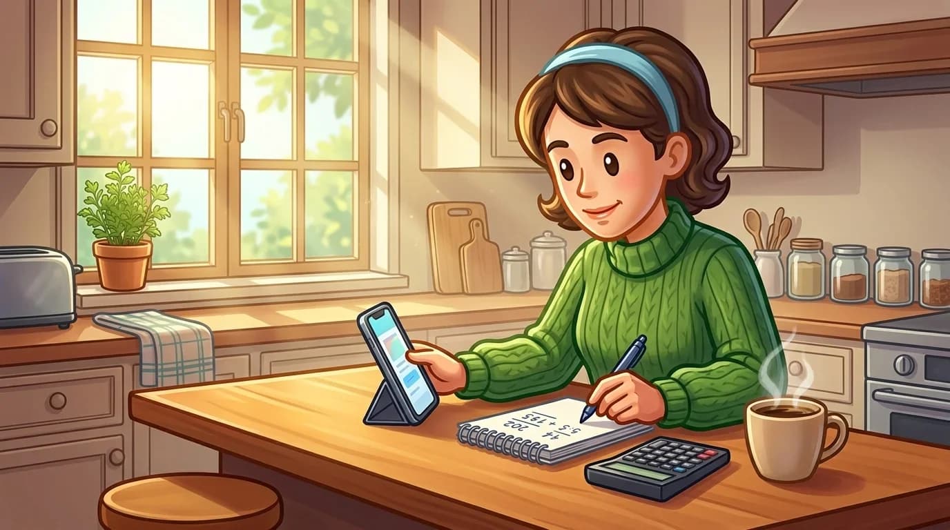 Person calculating betting odds with a notebook and calculator at a kitchen counter
