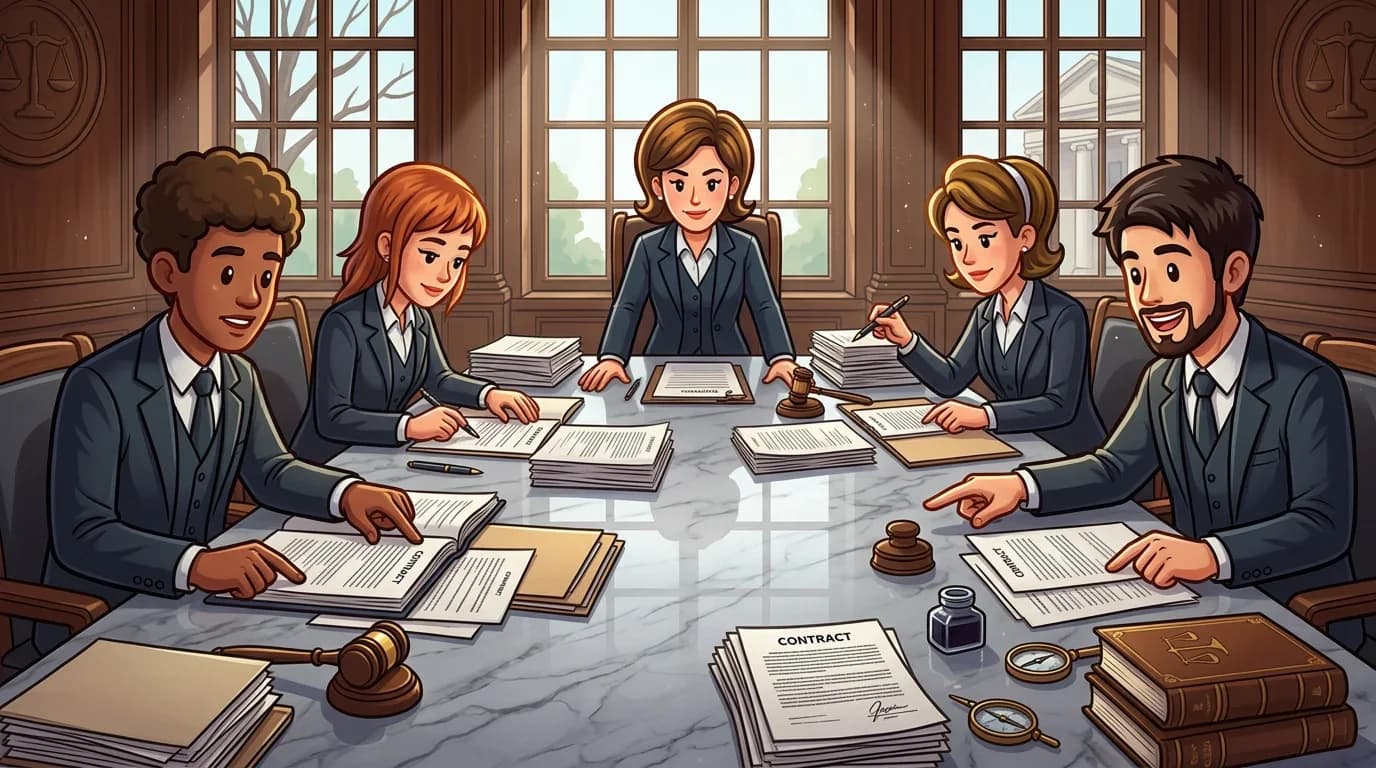 Lawyers gathered around a marble table reviewing contract documents in a courtroom setting