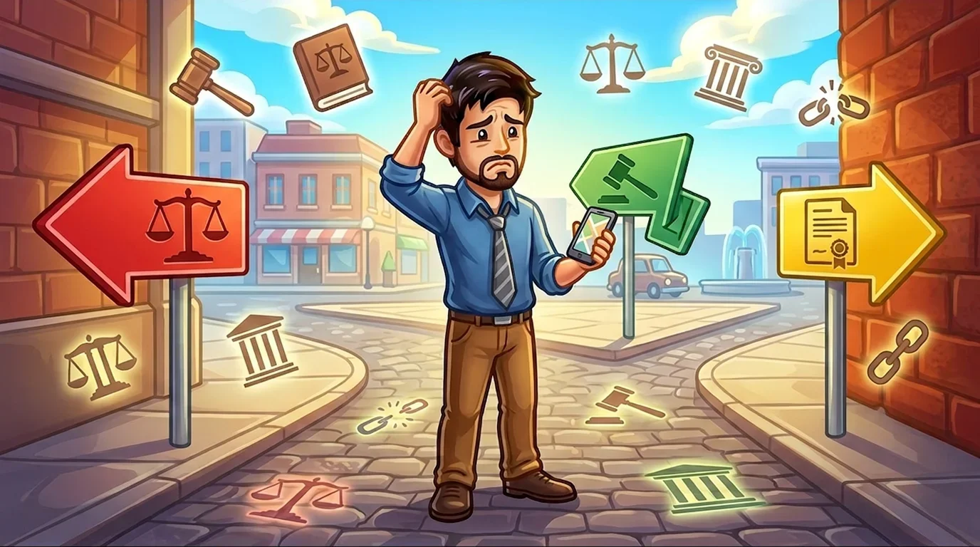Confused person at a crossroads trying to navigate the complex legal pathways of prediction market regulations