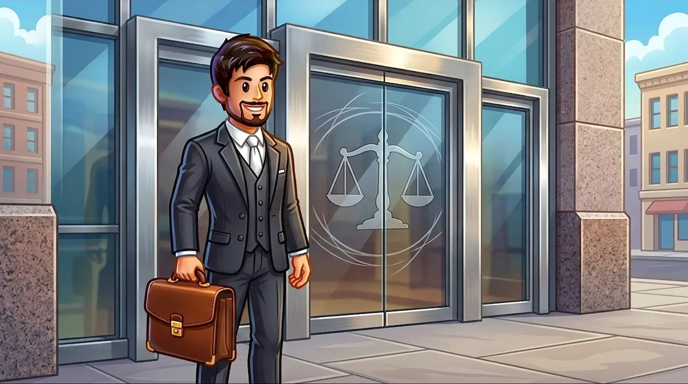 Entrepreneur with briefcase standing at courthouse entrance representing Kalshi's legal framework approach