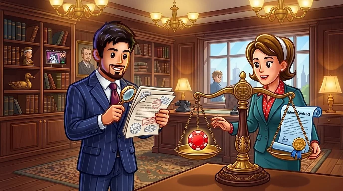Legal professional examining documents beside a scale balancing betting and trading elements.