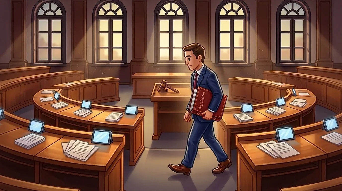 Legislative chamber with official carrying regulations binder representing future changes in prediction market laws