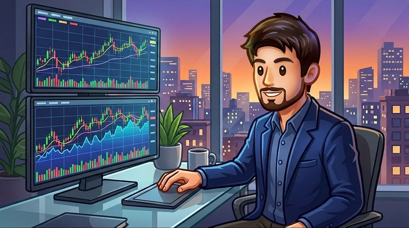 Professional trader analyzing prediction market charts on multiple monitors at a modern desk