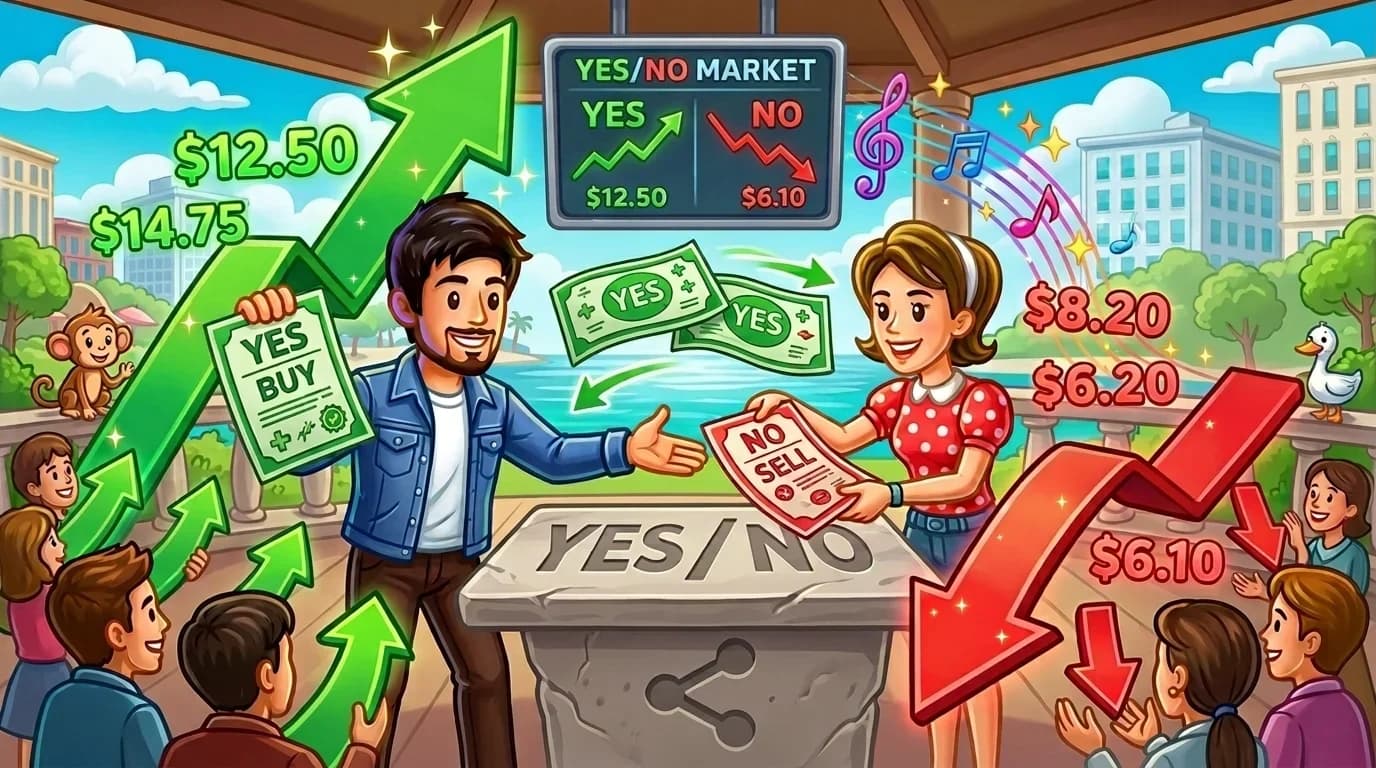 Two traders exchanging Yes/No positions, with price arrows indicating how buying pressure pushes prices up and selling pressure pushes prices down