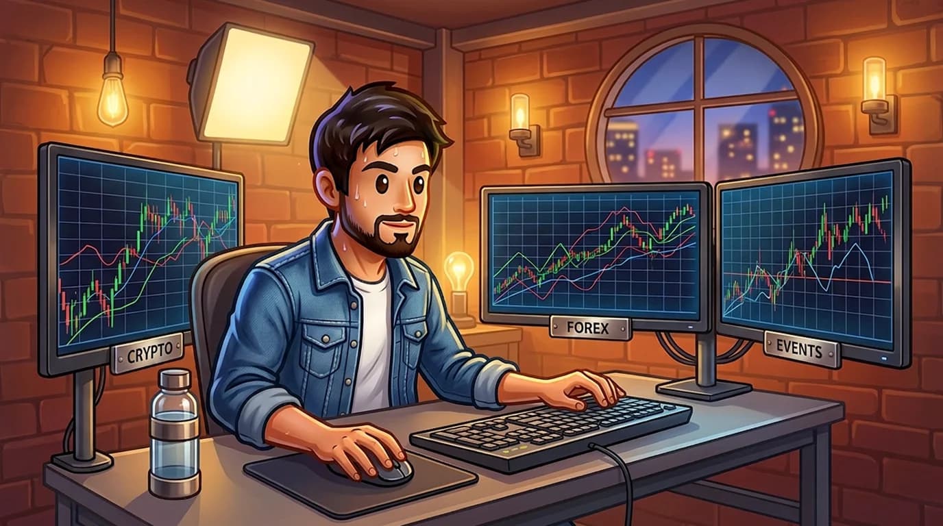 Trader looking at three screens for crypto, forex, and prediction markets