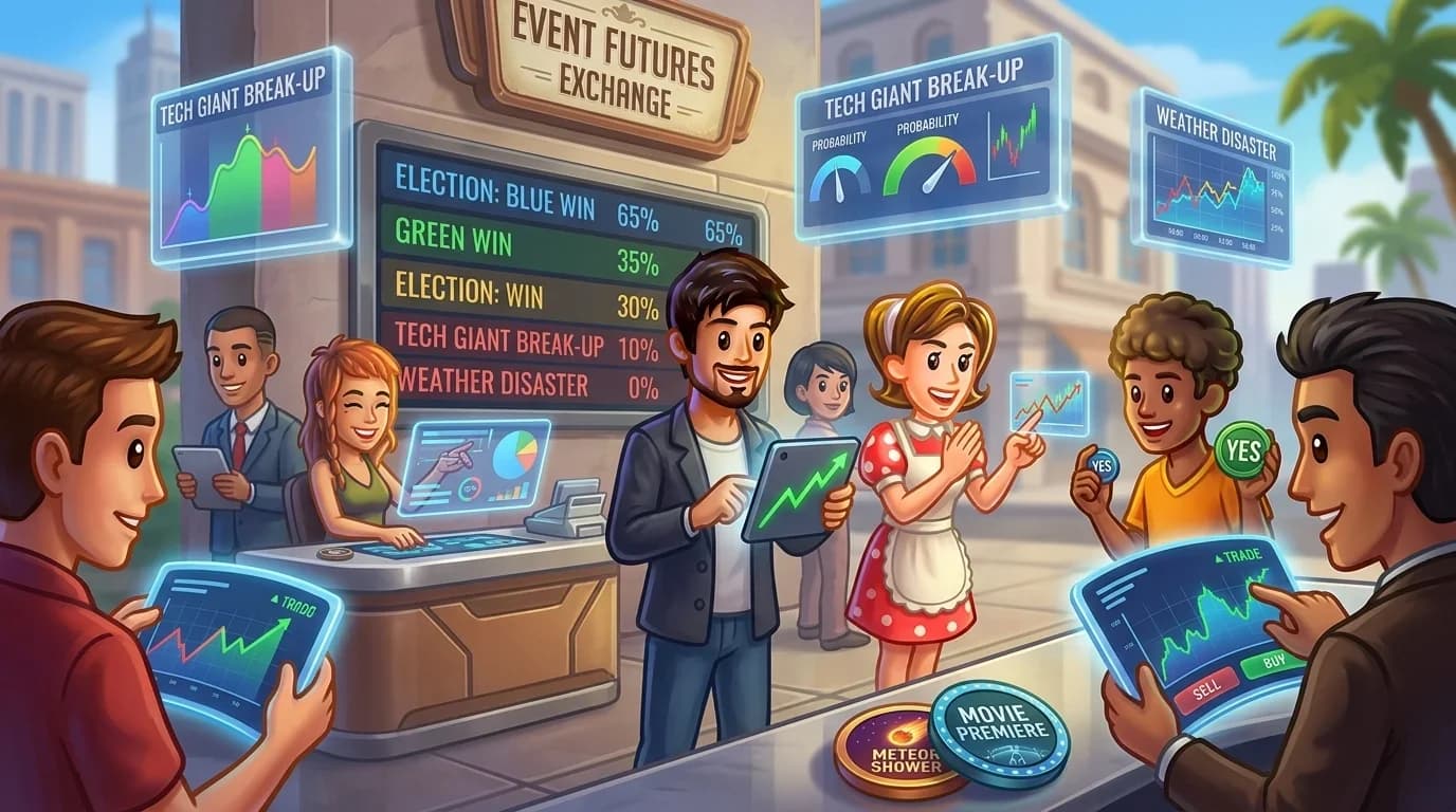 People trading on future event outcomes with price movements and probability indicators