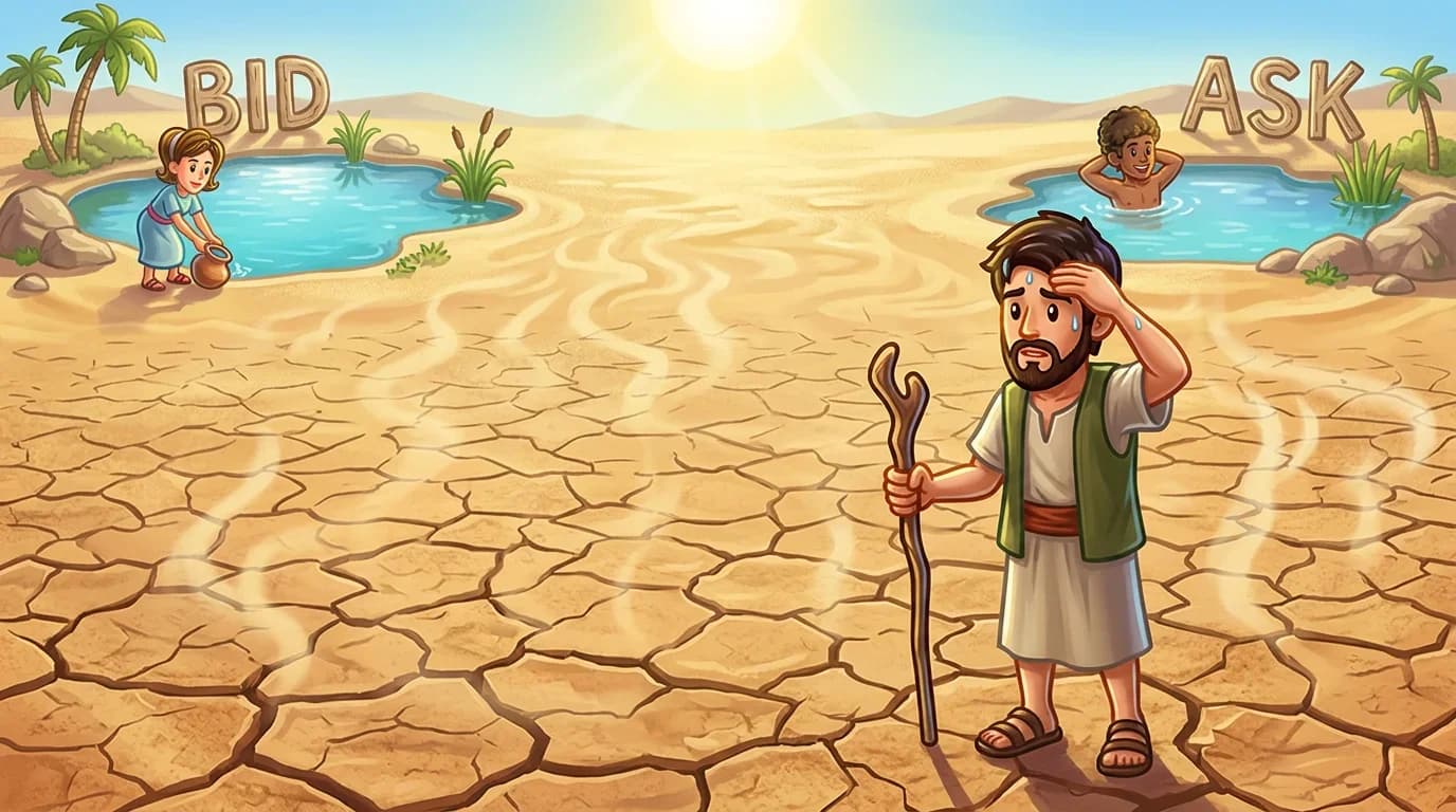 A desert scene with two small oasis pools far apart across cracked dry ground under a bright sun.