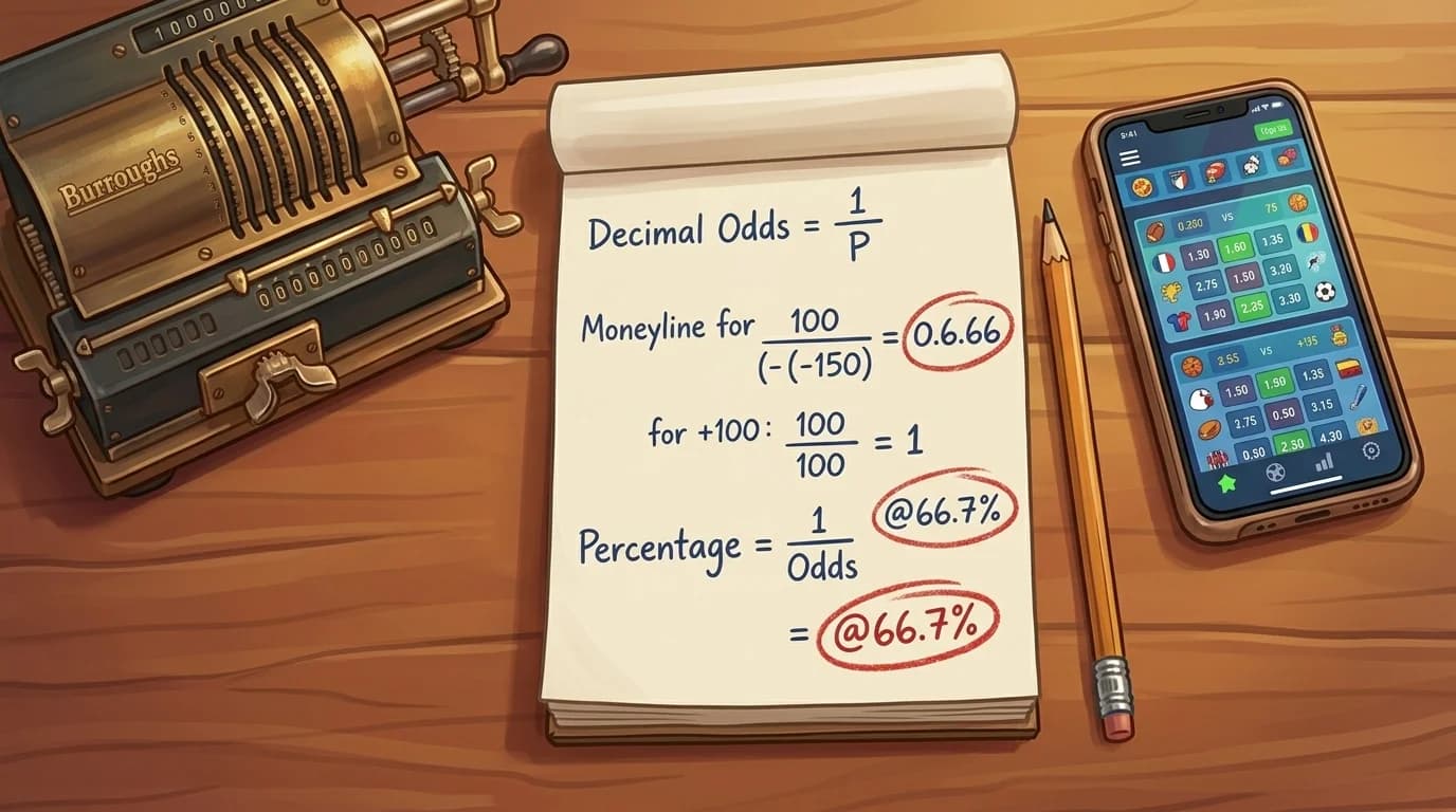 A top-down view of a workspace with a calculator, handwritten odds formulas, and a smartphone showing betting odds.