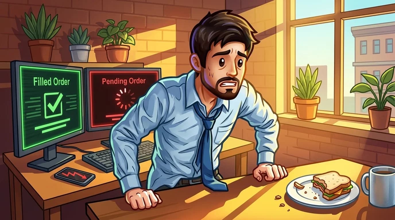 A stressed trader realizing their arbitrage trade only partially filled, leaving them exposed to market risk