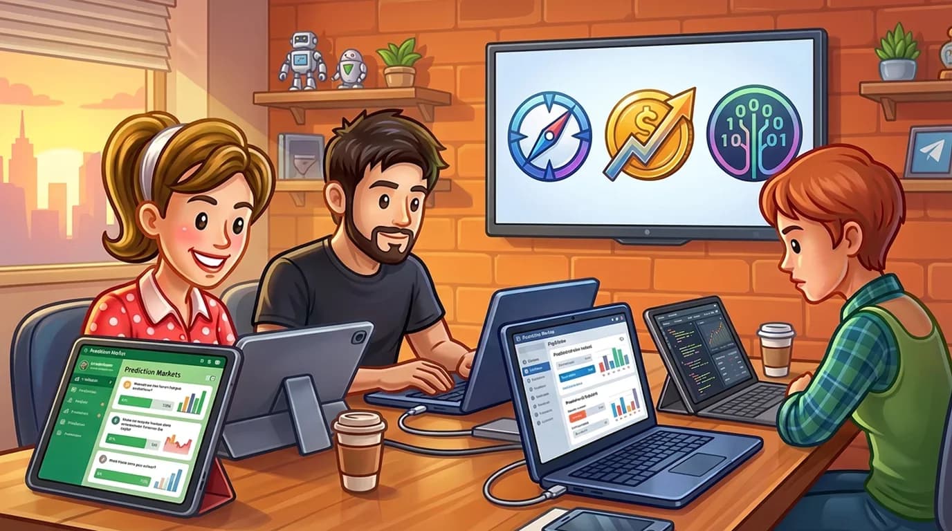 Team comparing different prediction market platforms like Polymarket and PredictIt on multiple devices