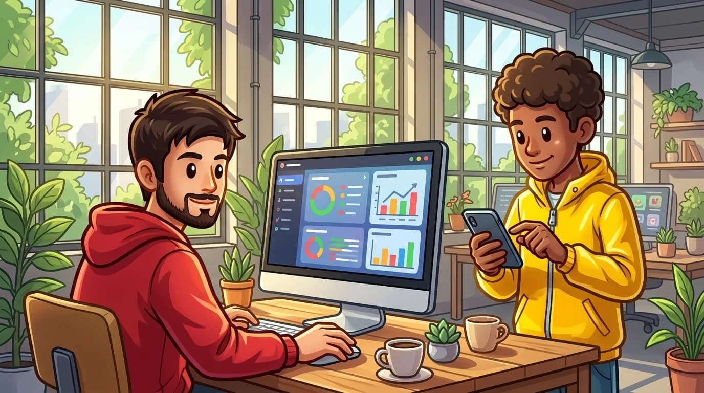 Two people comparing desktop and mobile trading experiences in a co-working space