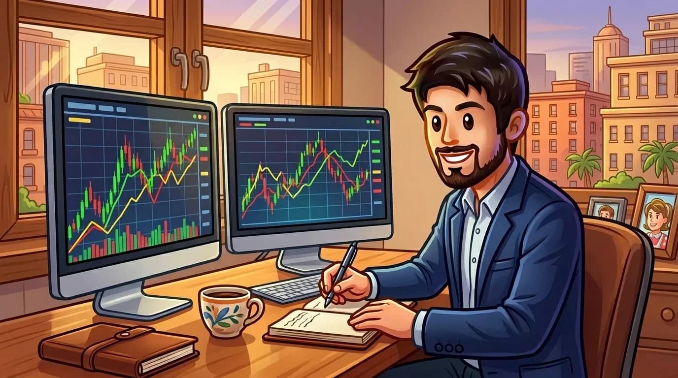 {"en":"Trader analyzing prediction market prices at a desk with multiple screens"}