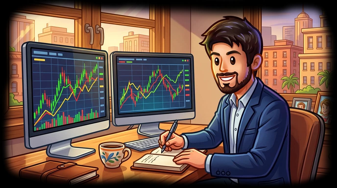 Trader analyzing prediction market prices at a desk with multiple screens