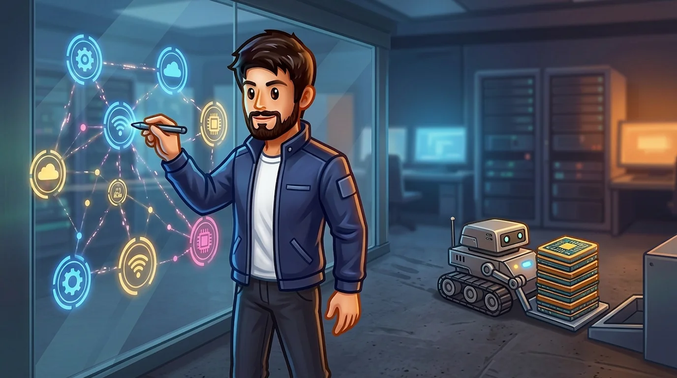 Engineer mapping network nodes while a small robot moves token chips