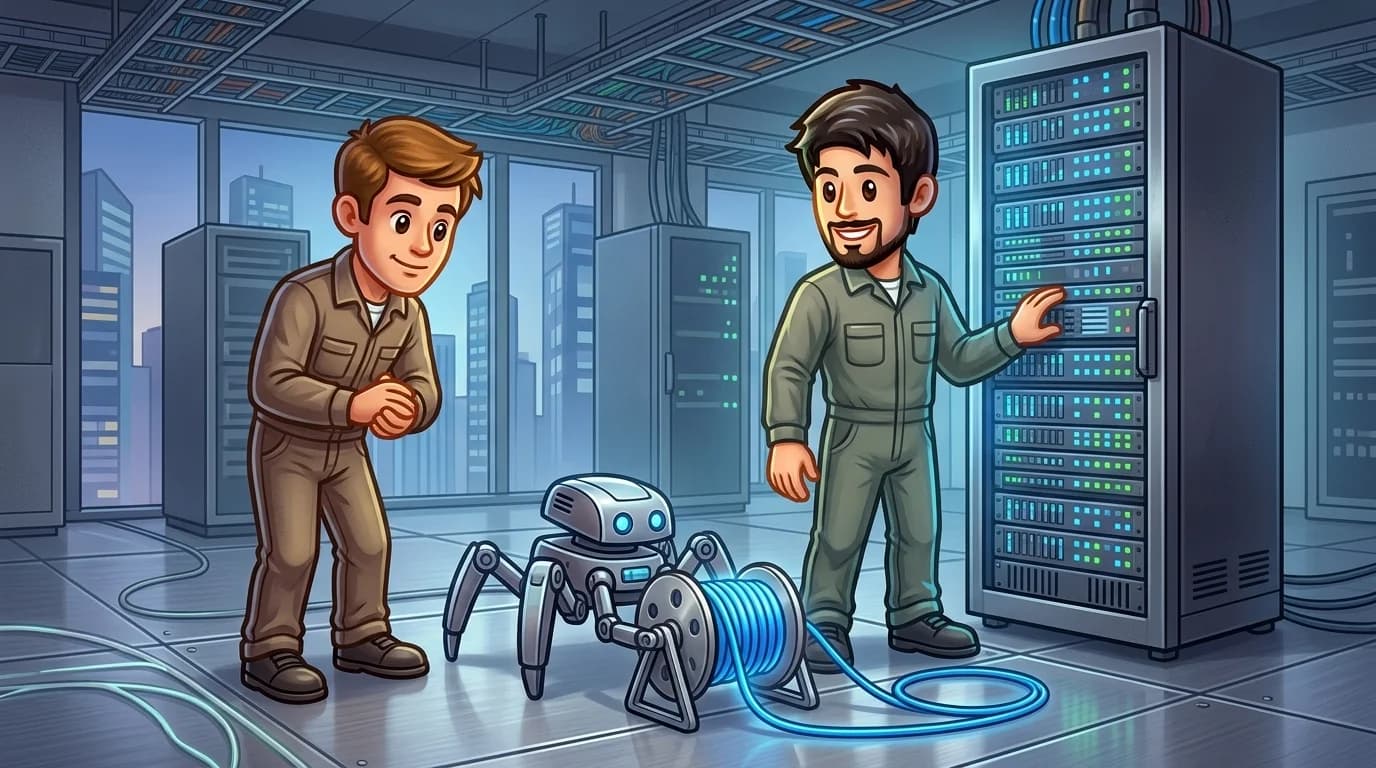 Operators and spider-like robot managing cables beside a server rack