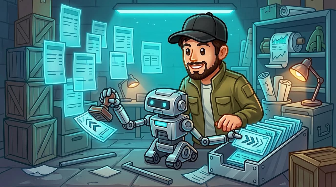 Trader and tabletop robot processing glowing order tickets