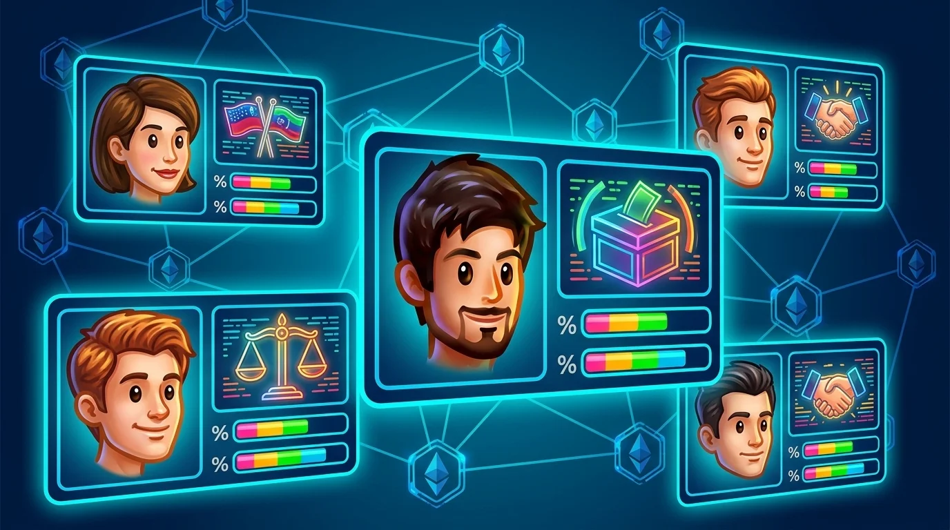 A futuristic decentralized trading interface showing political event contract cards with probability percentages against a glowing blockchain network background