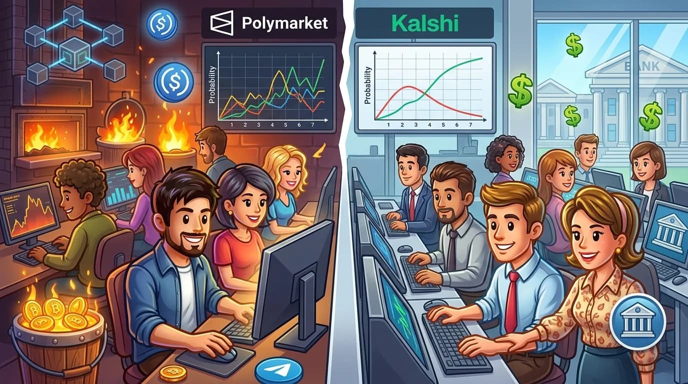 A split-screen view of two prediction market platforms showing different odds for the same event, with crypto visuals on the left and traditional finance visuals on the right.