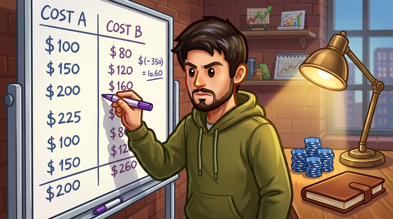 Trader comparing cost columns on a whiteboard beside blue chips