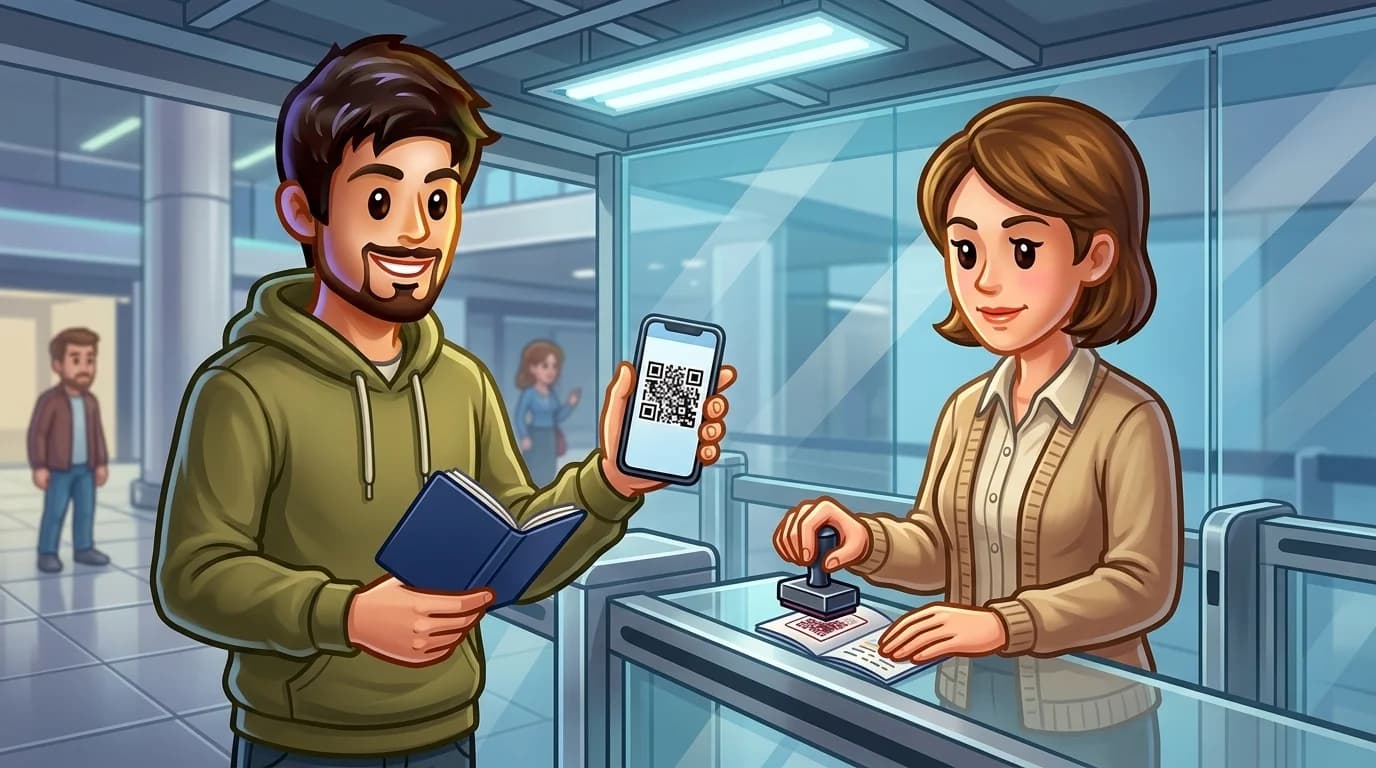 Traveler presenting ID and phone QR at a glass checkpoint gate