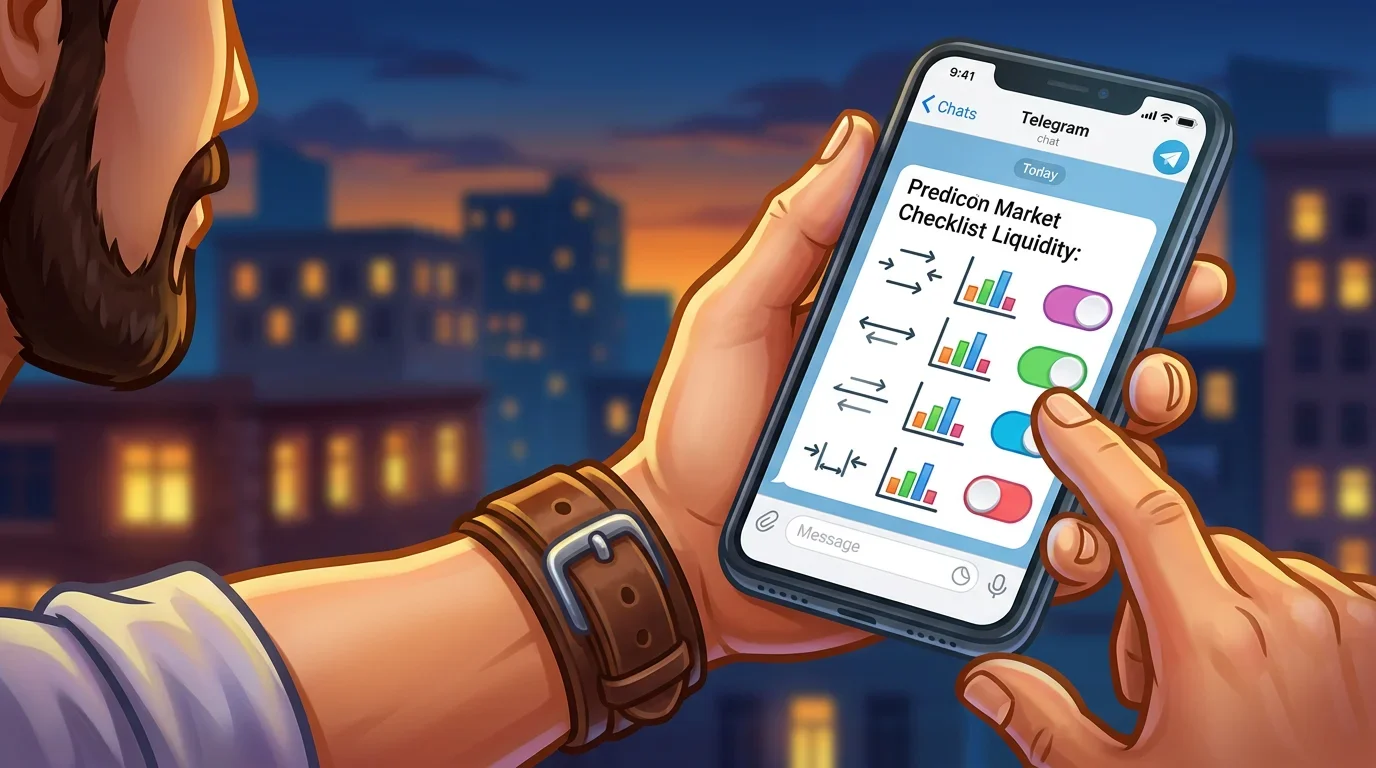 A hand holding a smartphone displaying a checklist app with toggle switches for market metrics.