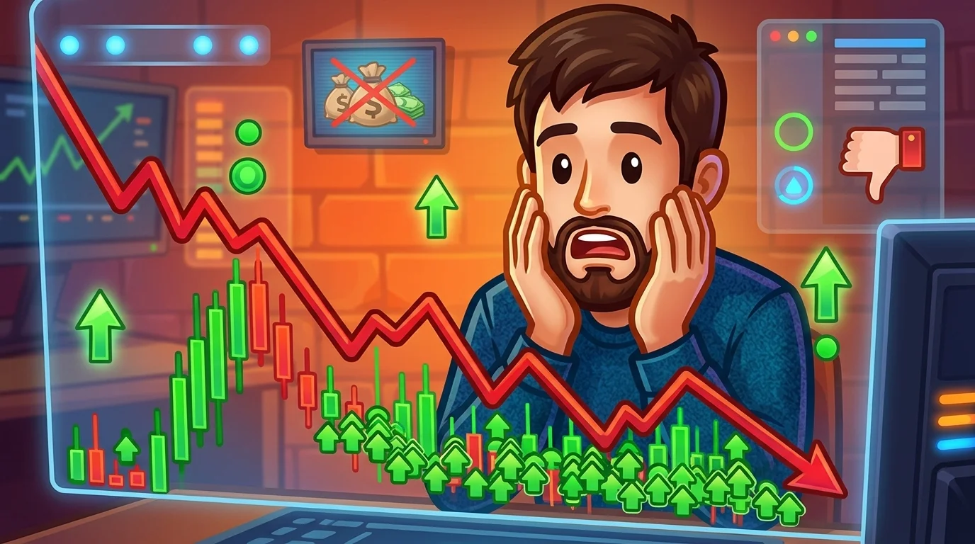 A worried trader stares at a multi-monitor setup where the main account balance line drops even as several individual trade results flash green.