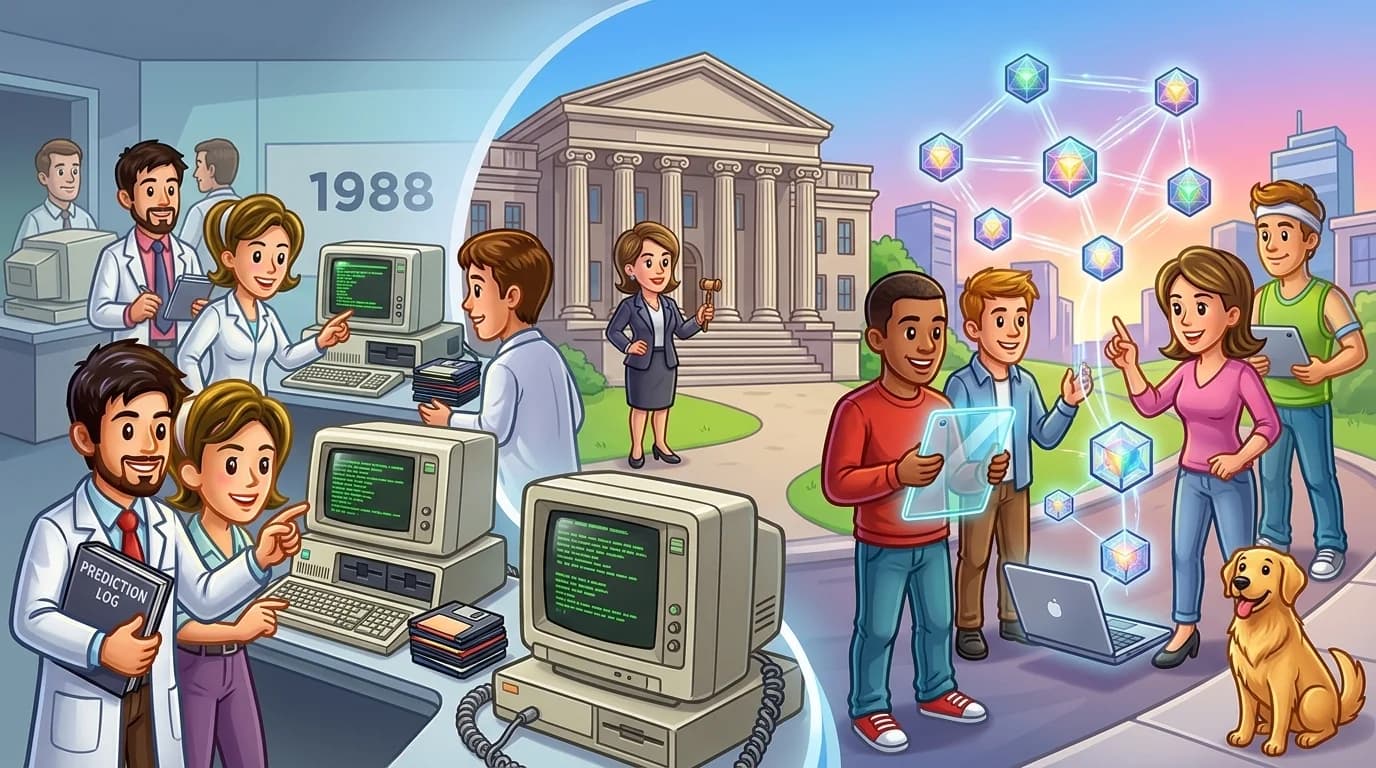 A split landscape illustration showing a vintage university research lab transitioning into modern regulatory buildings and blockchain networks