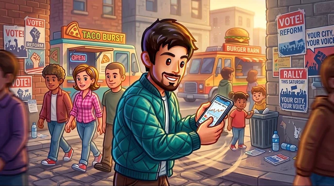Person checking prediction market odds on a phone while walking through a busy street