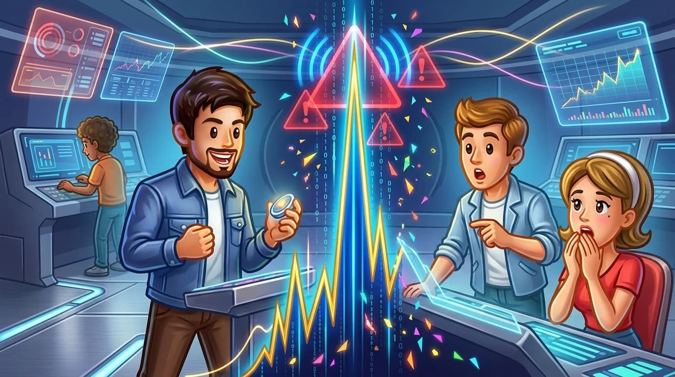 A sleek holographic chart displaying a sharp vertical price spike amid cascading streams of neon data.
